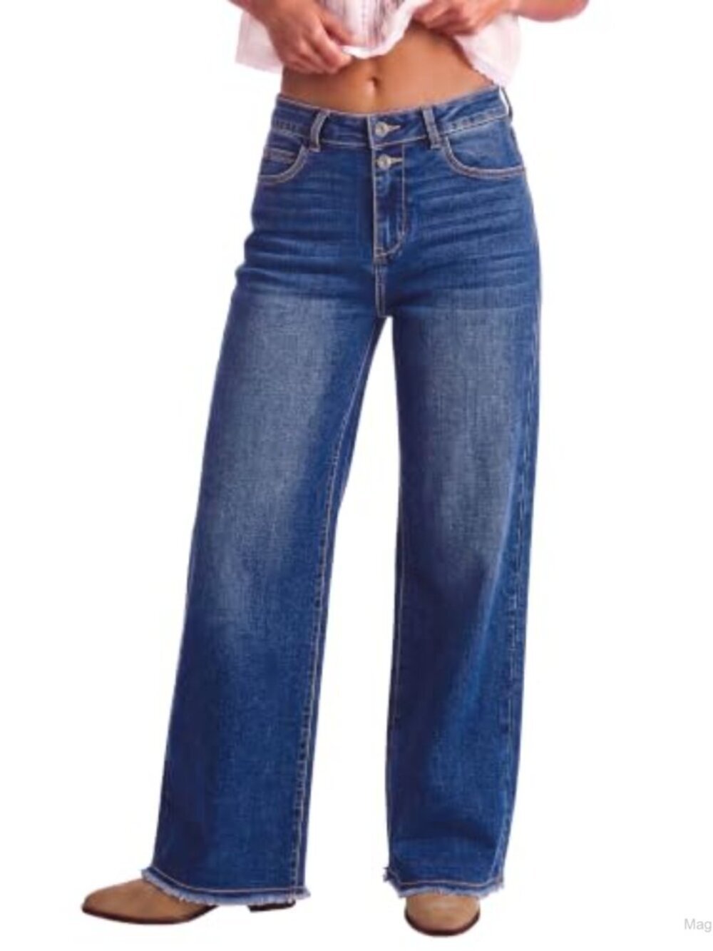 High Waisted Wide Leg Stretch Jeans Raw Hem 29.5" Inseam 5 Pockets